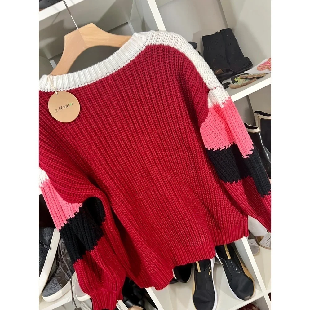 New! V Neck Pink Multi Puff Sleeve Oversized Chevron Sweater! - Picture 10 of 10